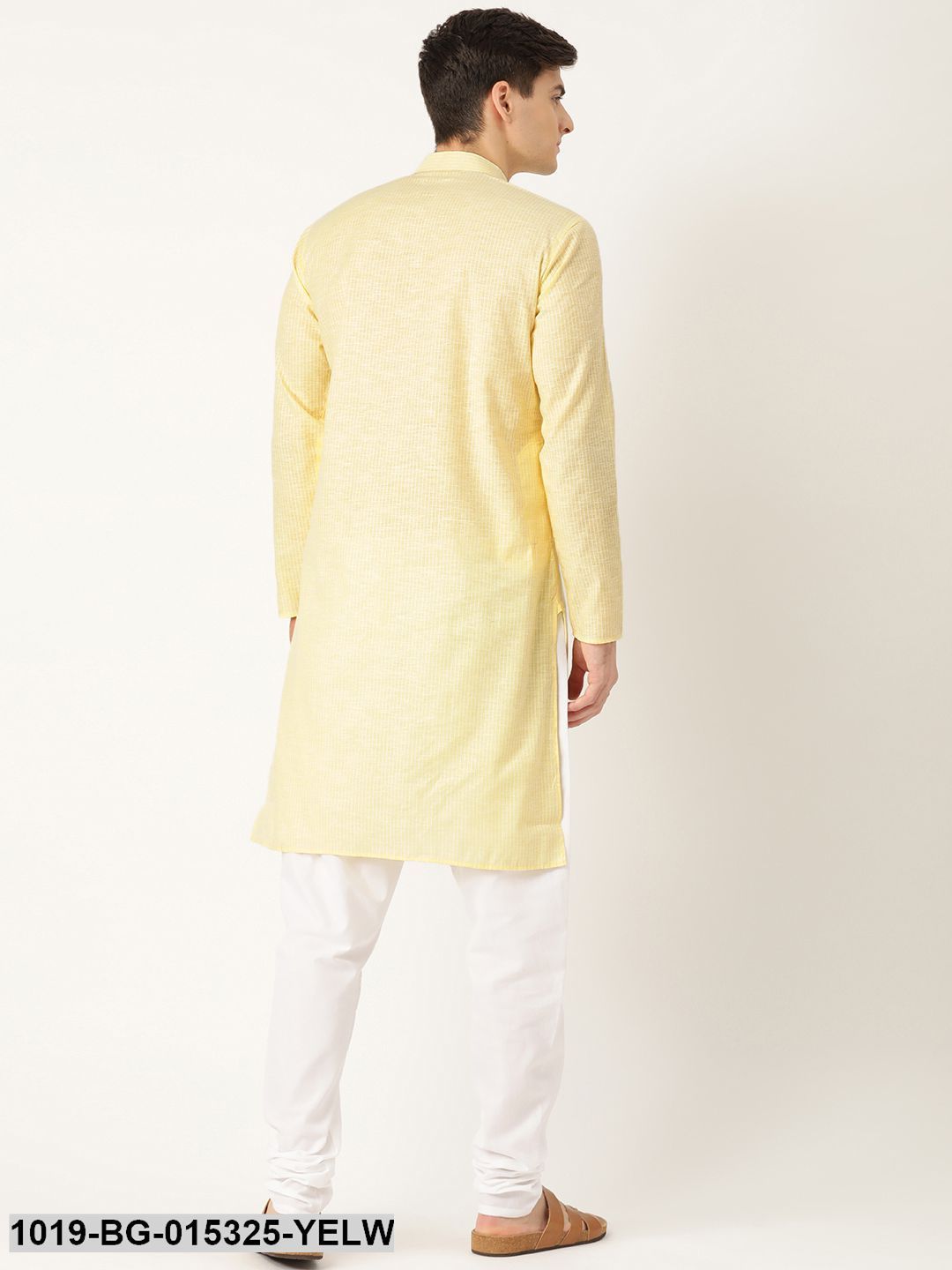 Men's Cotton Lemon Striped Kurta & White Churidar Pyjama Set