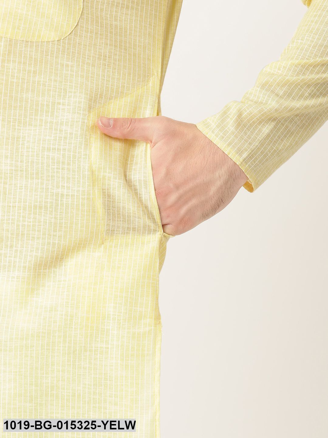 Men's Cotton Lemon Striped Kurta & White Churidar Pyjama Set