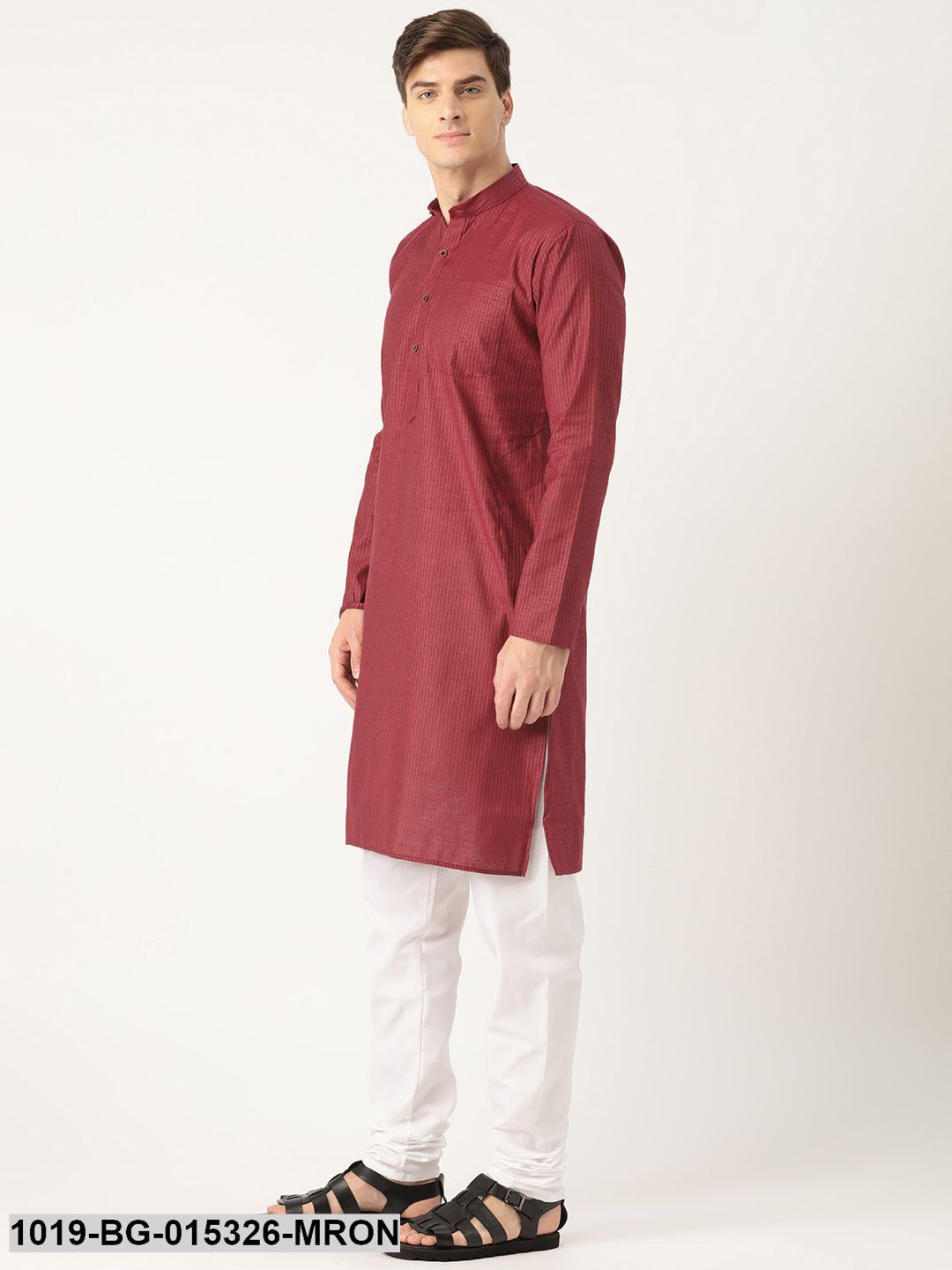 Men's Cotton Maroon Striped Kurta & White Churidar Pyjama Set - Sojanya