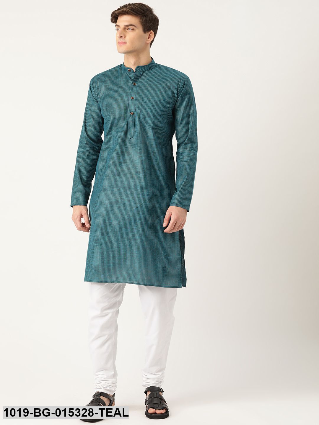 Men's Cotton Teal Blue Striped Kurta & White Churidar Pyjama Set