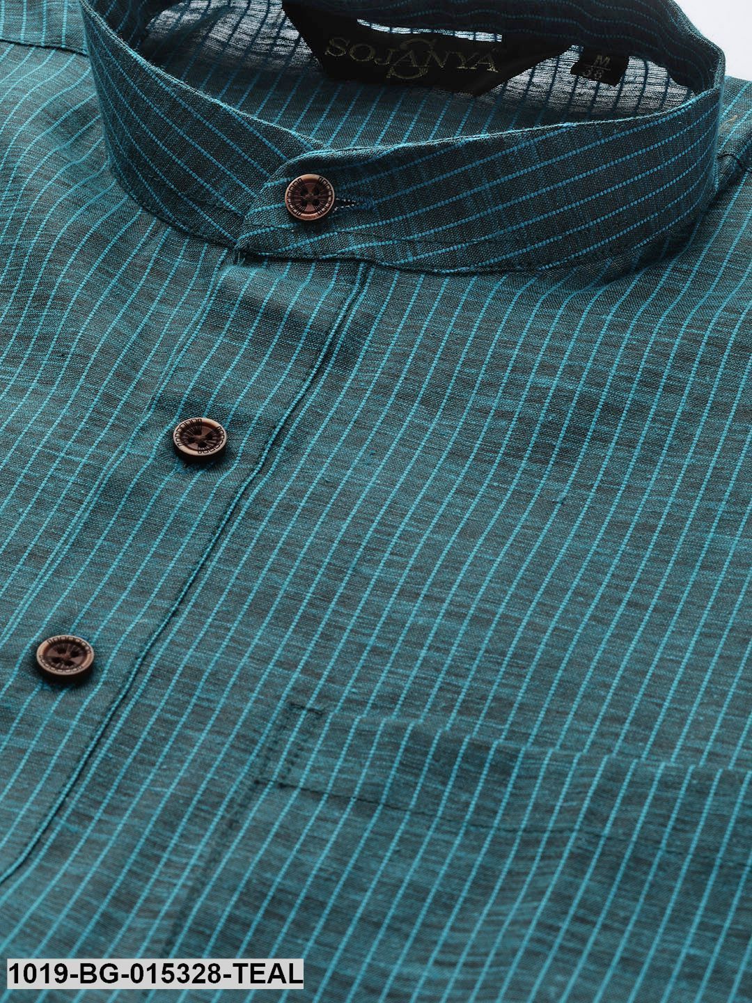 Men's Cotton Teal Blue Striped Kurta & White Churidar Pyjama Set