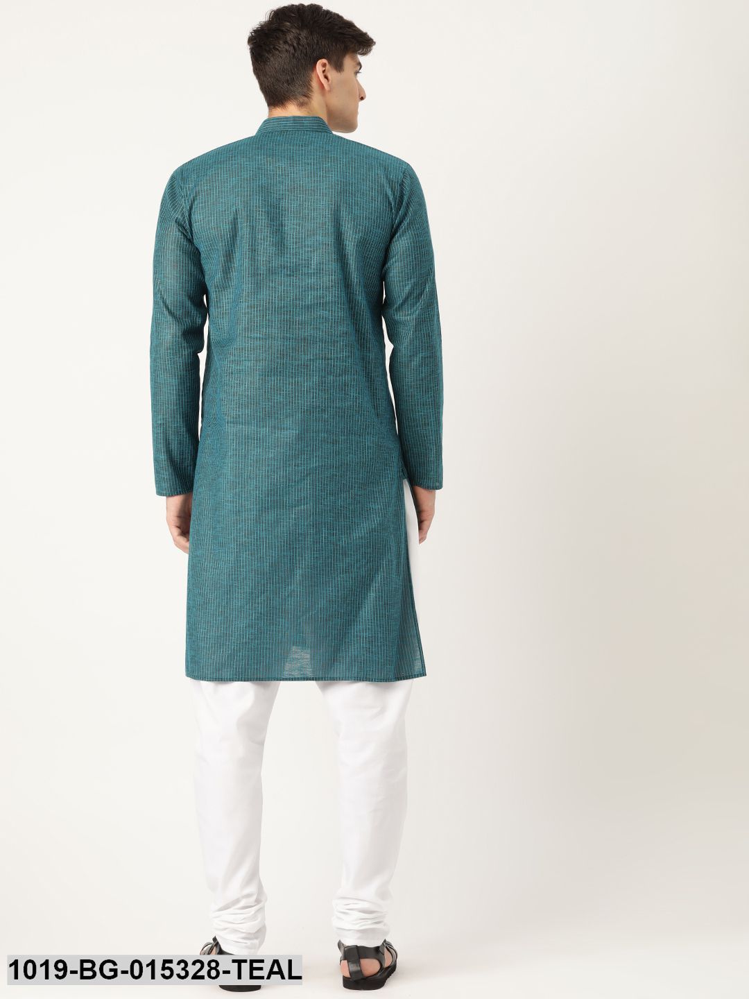Men's Cotton Teal Blue Striped Kurta & White Churidar Pyjama Set