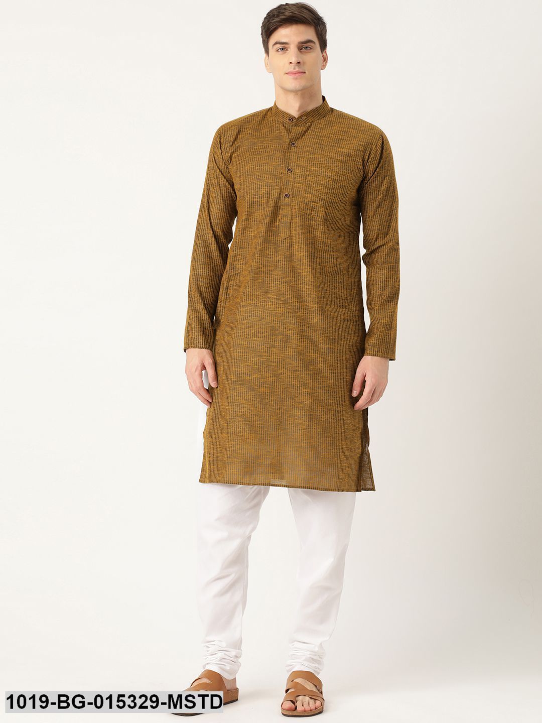 Men's Cotton Mustard Striped Kurta & White Churidar Pyjama Set