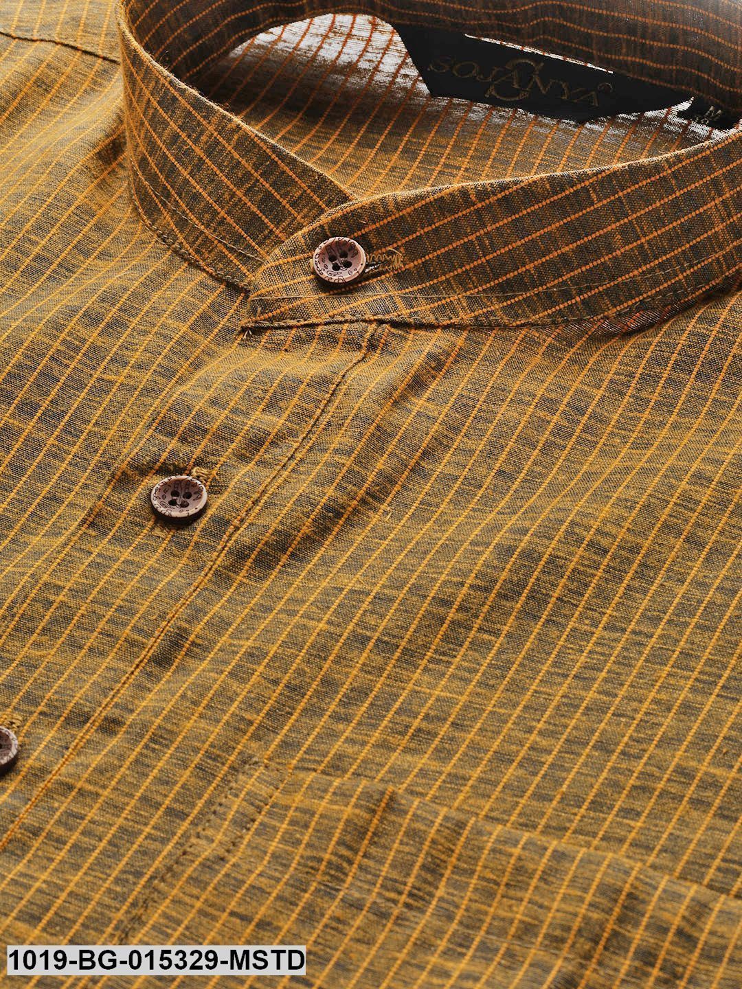 Men's Cotton Mustard Striped Kurta & White Churidar Pyjama Set