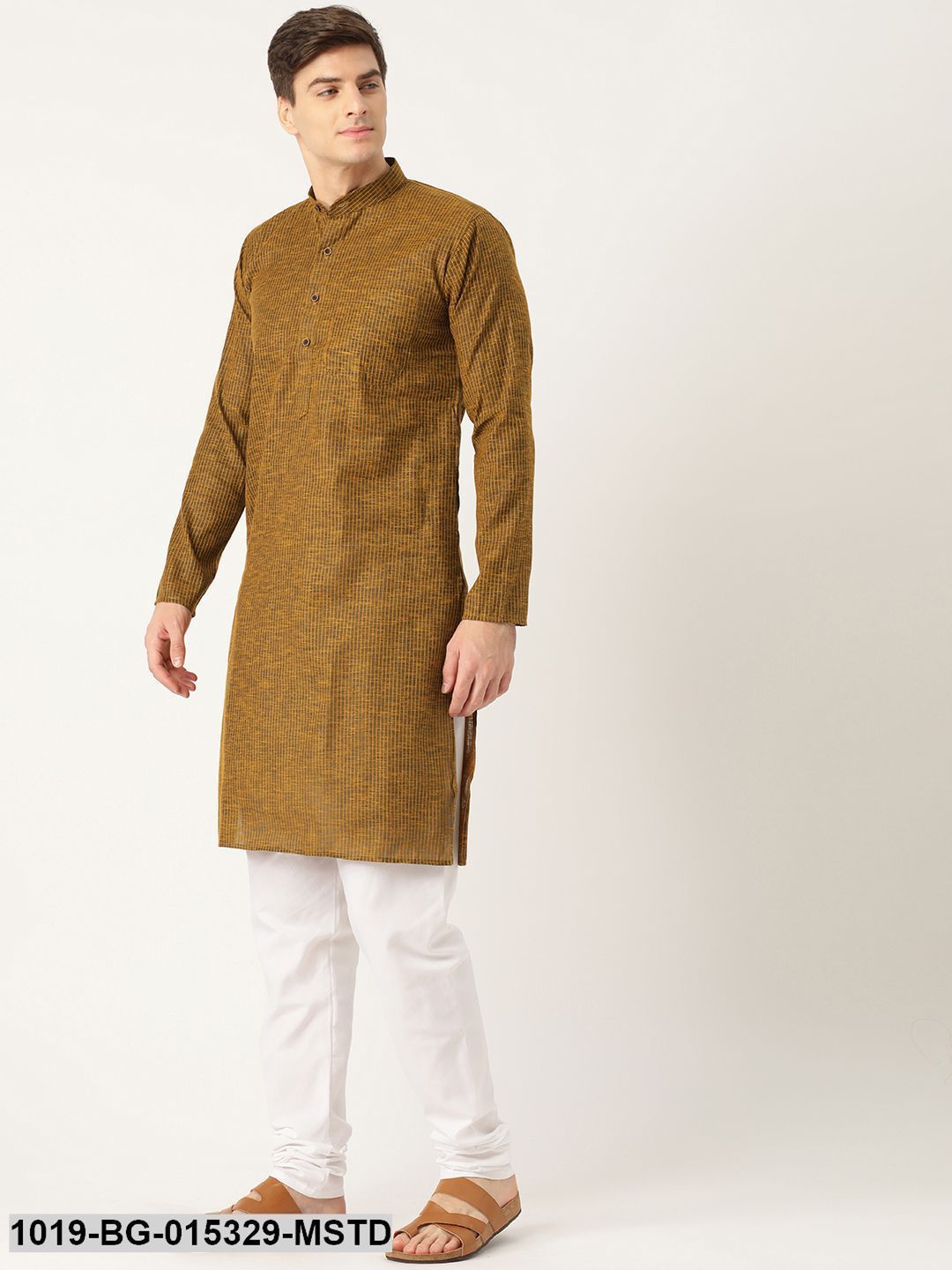 Men's Cotton Mustard Striped Kurta & White Churidar Pyjama Set