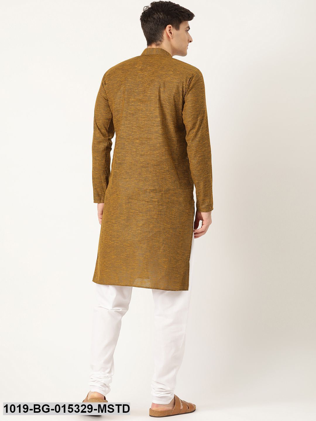 Men's Cotton Mustard Striped Kurta & White Churidar Pyjama Set