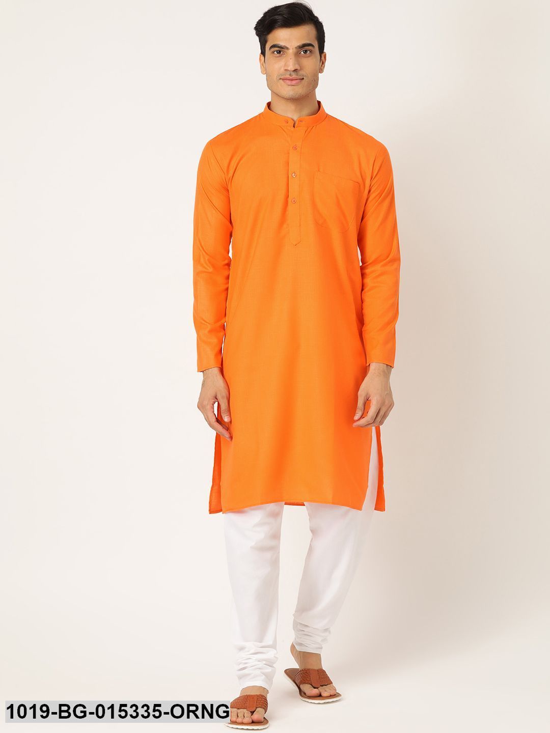 Men's Cotton Orange Solid Kurta & White Churidar Pyjama Set - Sojanya