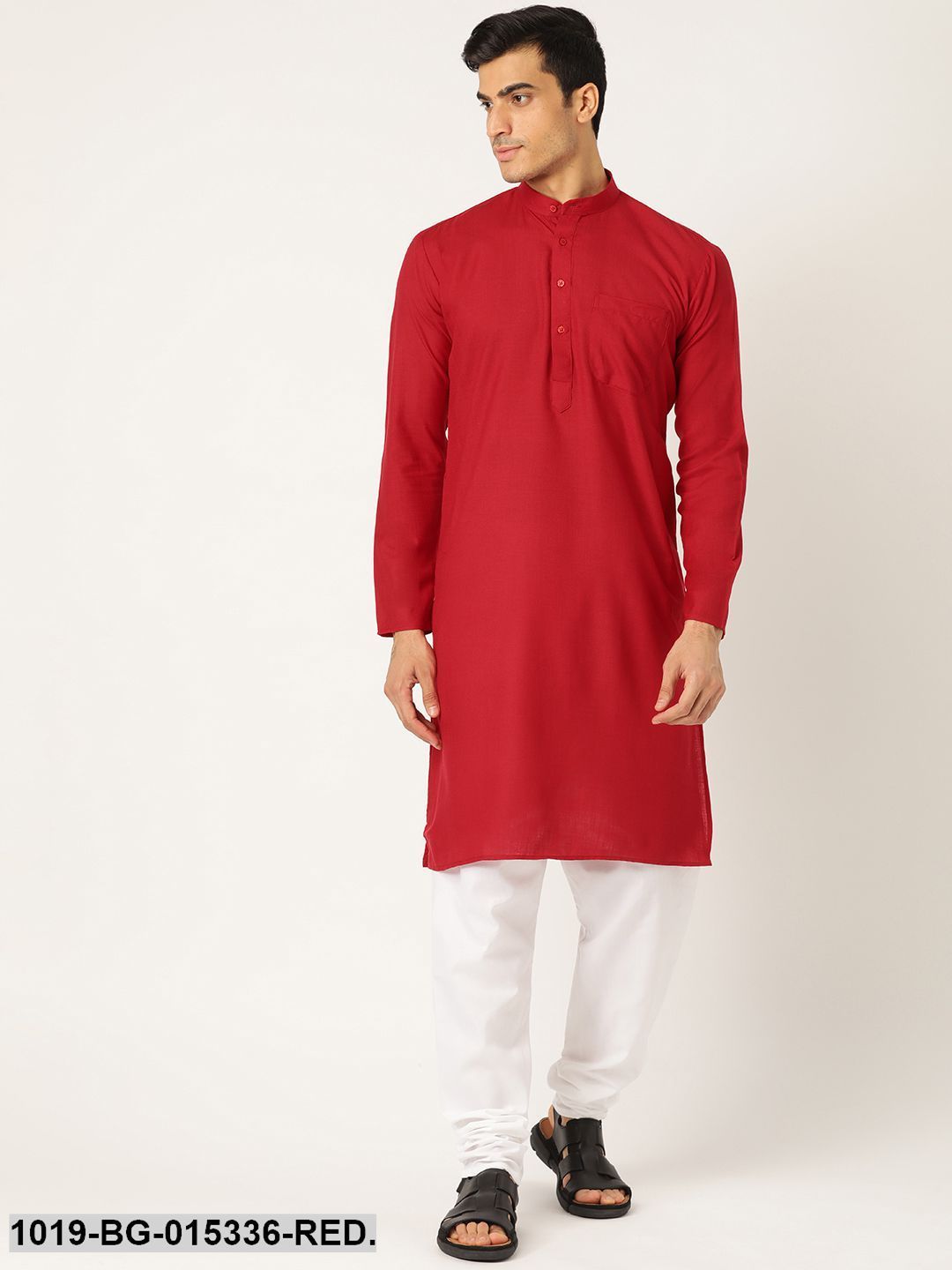 Men's Cotton Red Solid Kurta & White Churidar Pyjama Set