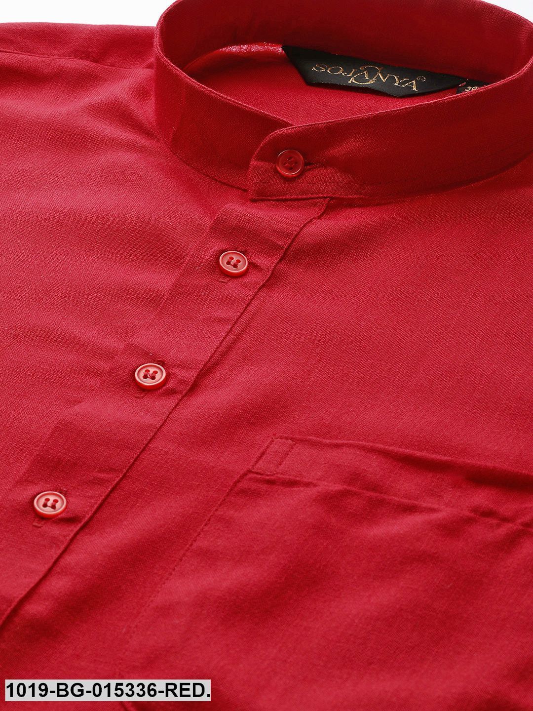 Men's Cotton Red Solid Kurta & White Churidar Pyjama Set