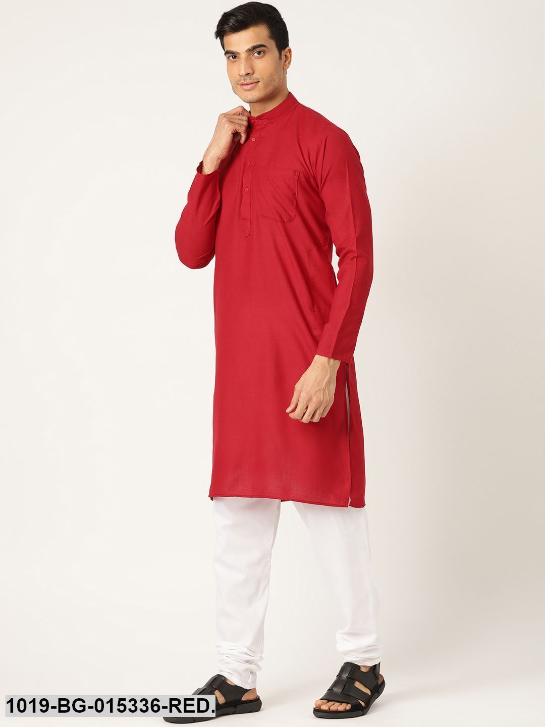 Men's Cotton Red Solid Kurta & White Churidar Pyjama Set