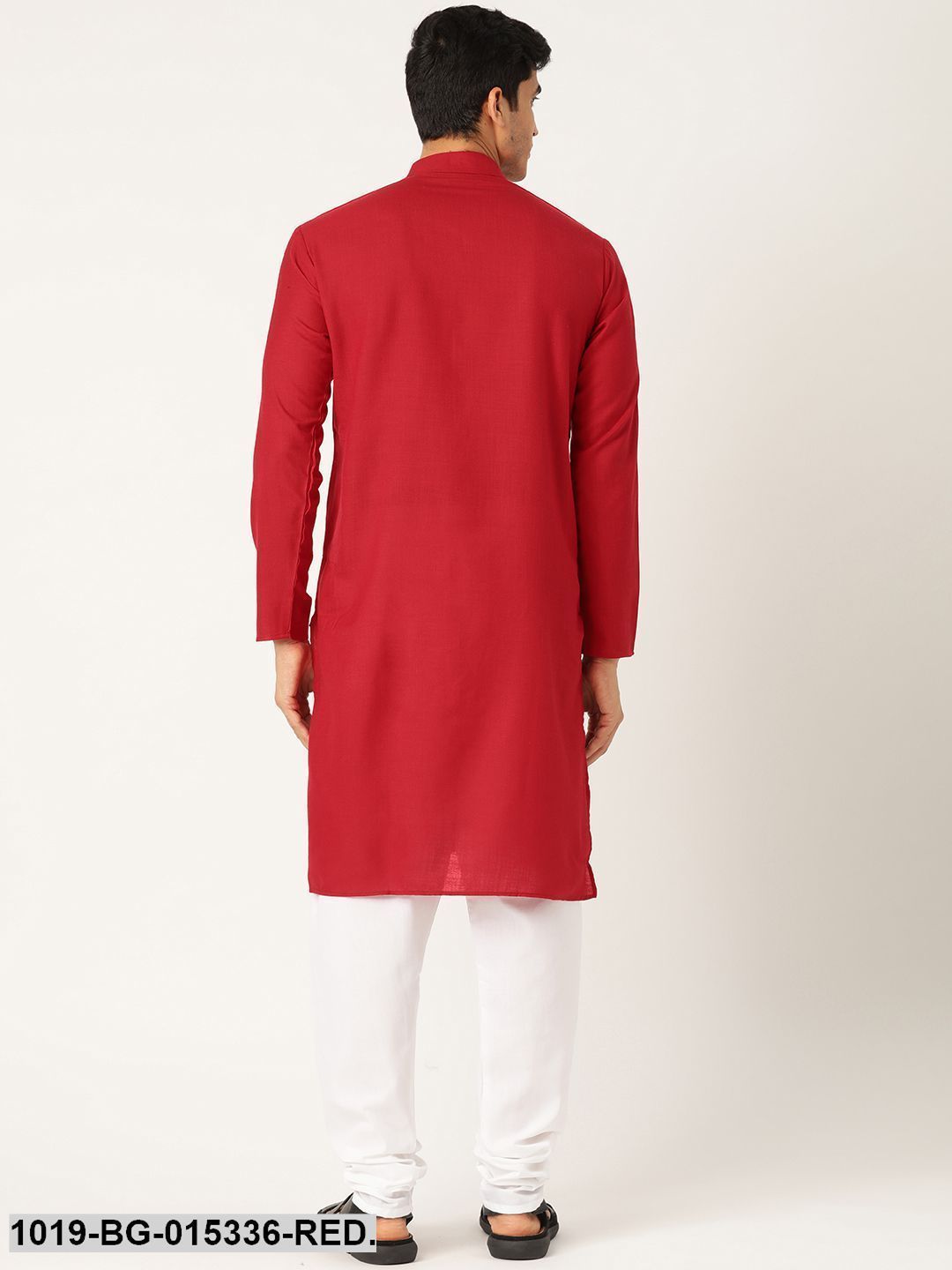 Men's Cotton Red Solid Kurta & White Churidar Pyjama Set