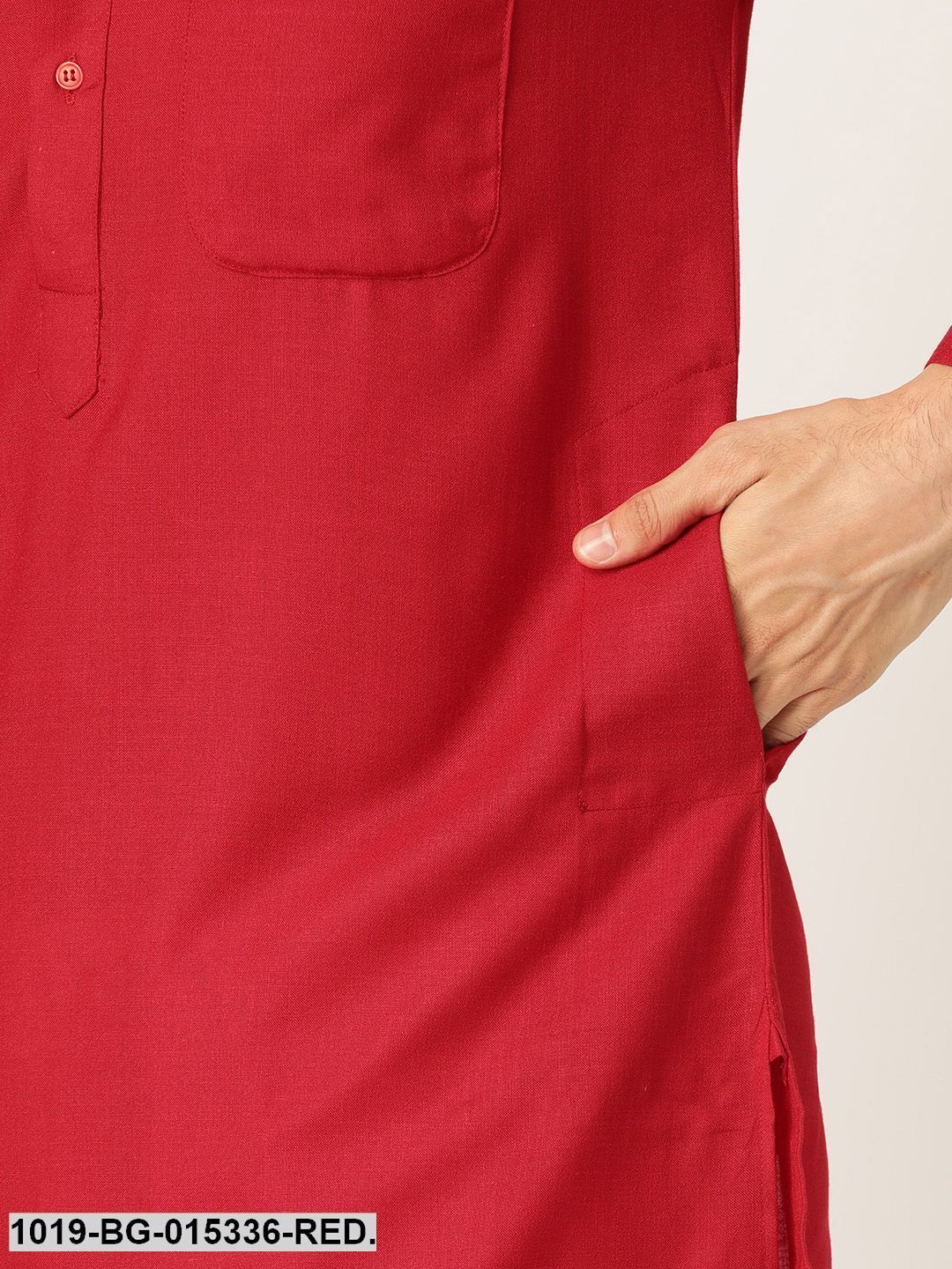 Men's Cotton Red Solid Kurta & White Churidar Pyjama Set