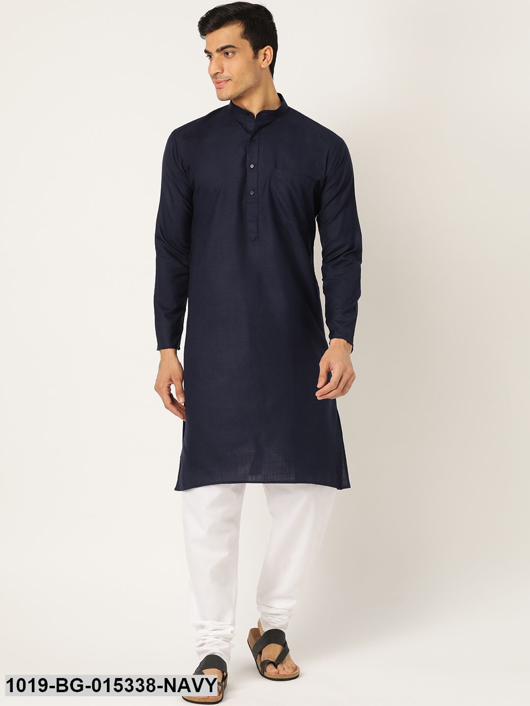 Men's Cotton Navy Blue Solid Kurta & White Churidar Pyjama Set
