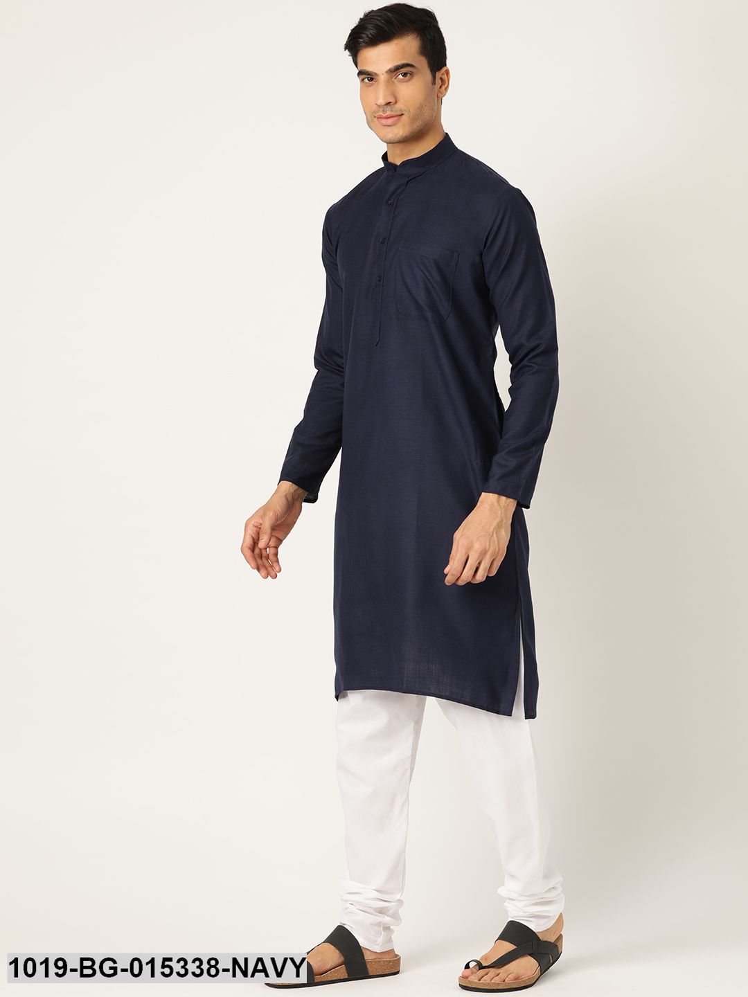Men's Cotton Navy Blue Solid Kurta & White Churidar Pyjama Set