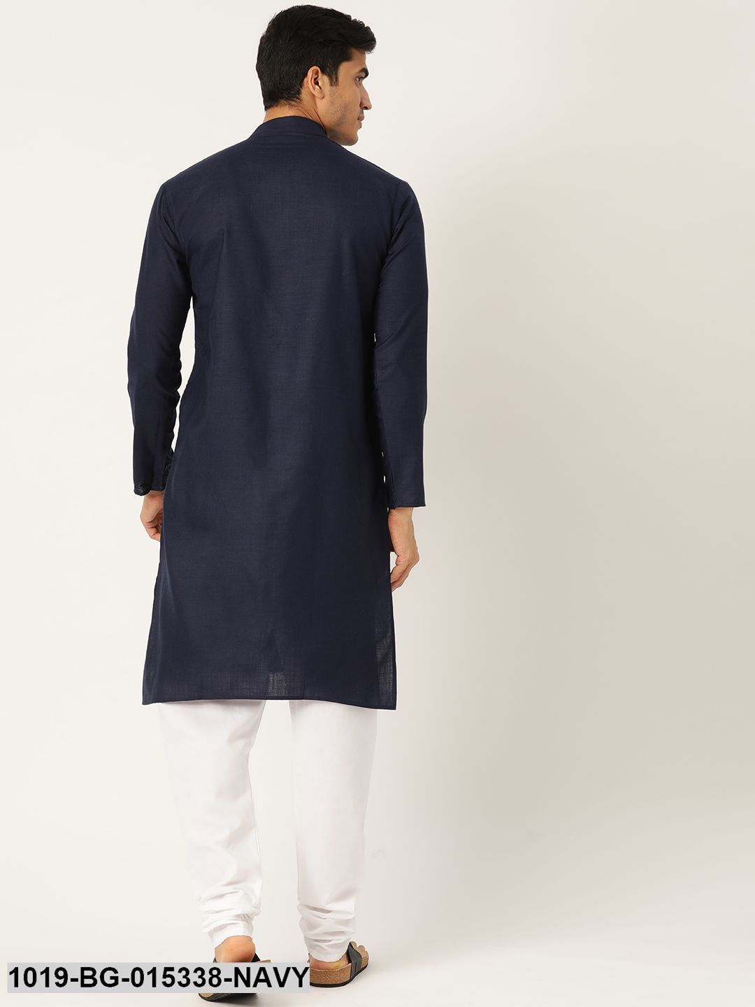 Men's Cotton Navy Blue Solid Kurta & White Churidar Pyjama Set