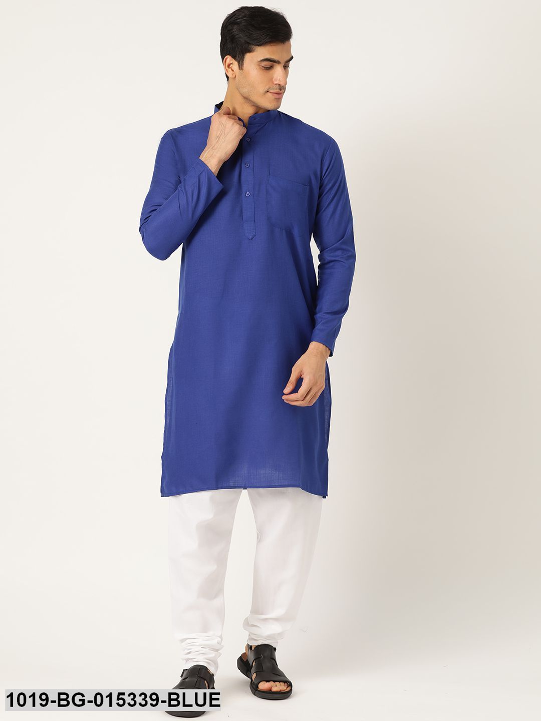 Men's Cotton Royal Blue Solid Kurta & White Churidar Pyjama Set - Sojanya