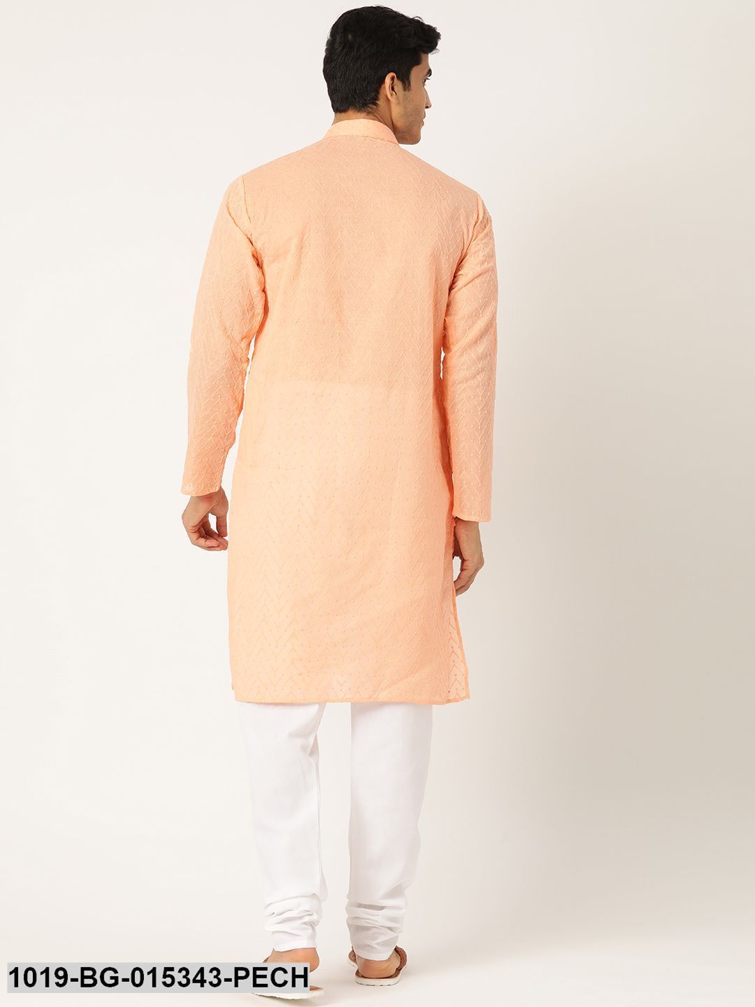 Men's Pure Cotton Peach Chikankari Kurta & White Churidar Pyjama Set - Sojanya
