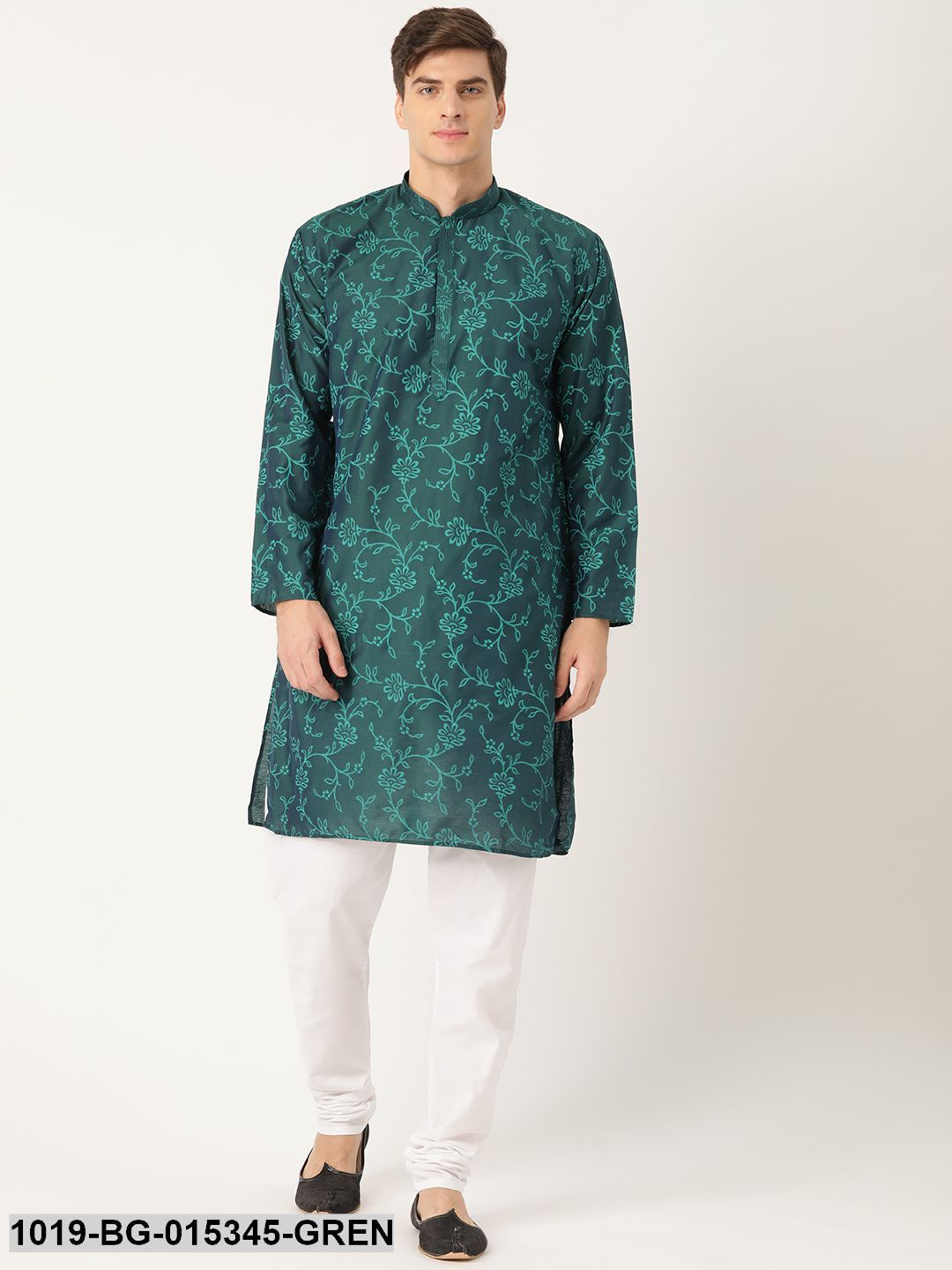 Men's Cotton Silk Bottle Green Printed Kurta & White Churidar Pyjama Set