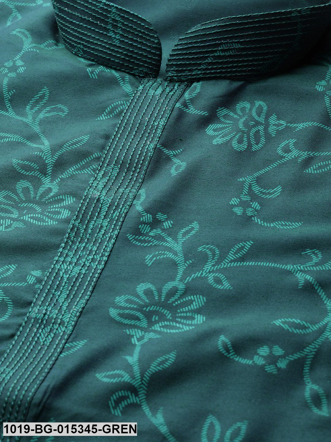 Men's Cotton Silk Bottle Green Printed Kurta & White Churidar Pyjama Set