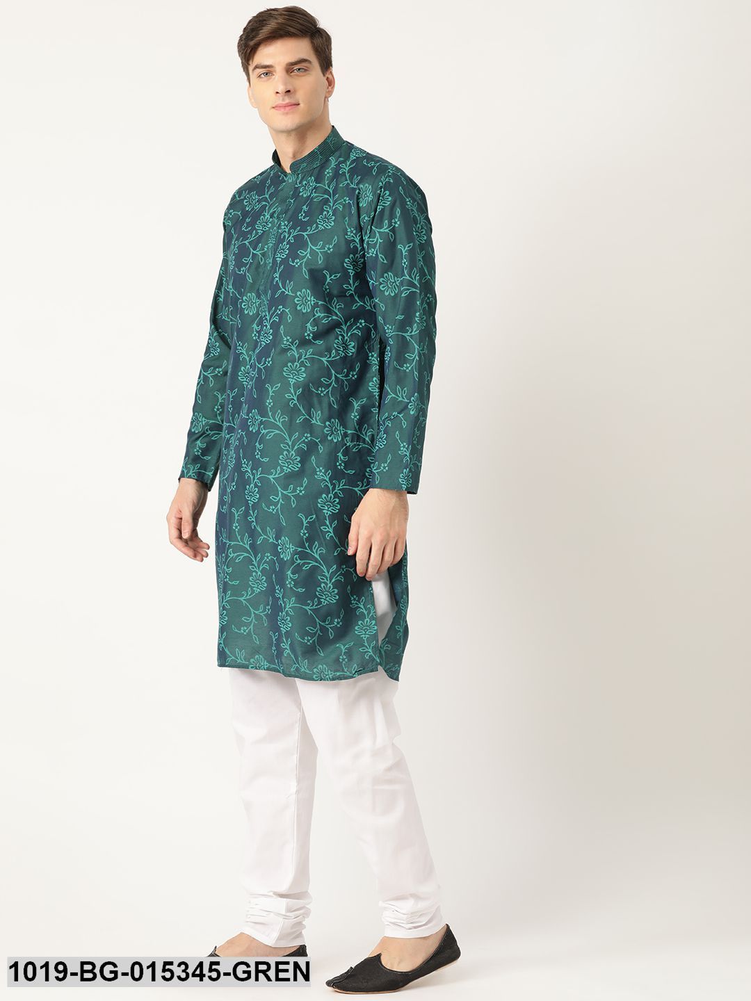 Men's Cotton Silk Bottle Green Printed Kurta & White Churidar Pyjama Set