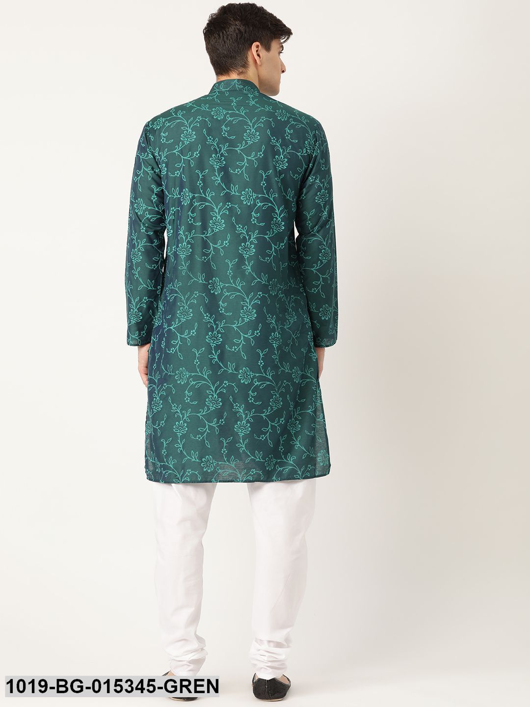 Men's Cotton Silk Bottle Green Printed Kurta & White Churidar Pyjama Set