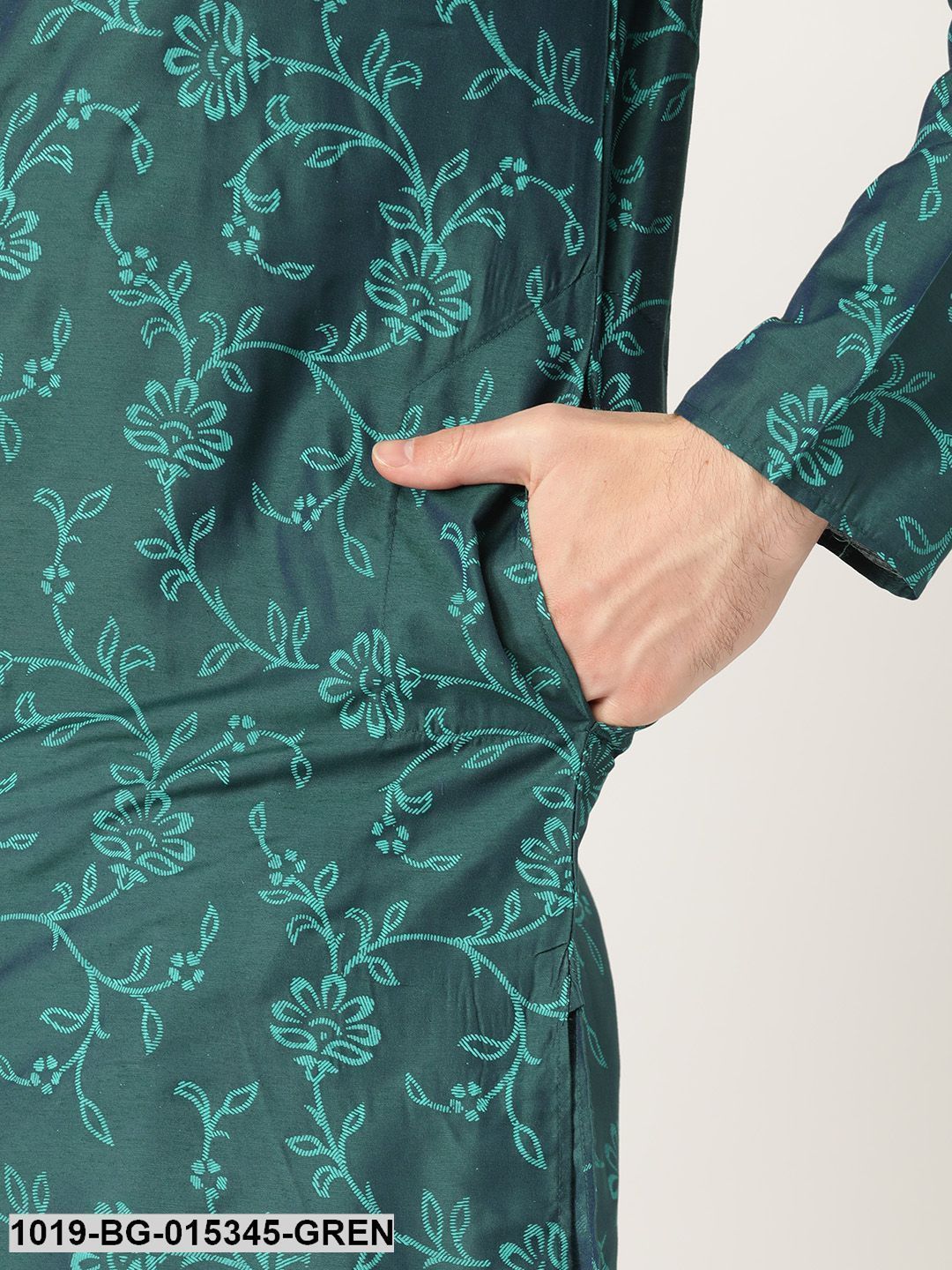 Men's Cotton Silk Bottle Green Printed Kurta & White Churidar Pyjama Set