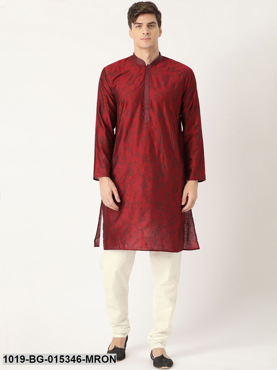Men's Cotton Silk Maroon Printed Kurta & White Churidar Pyjama Set