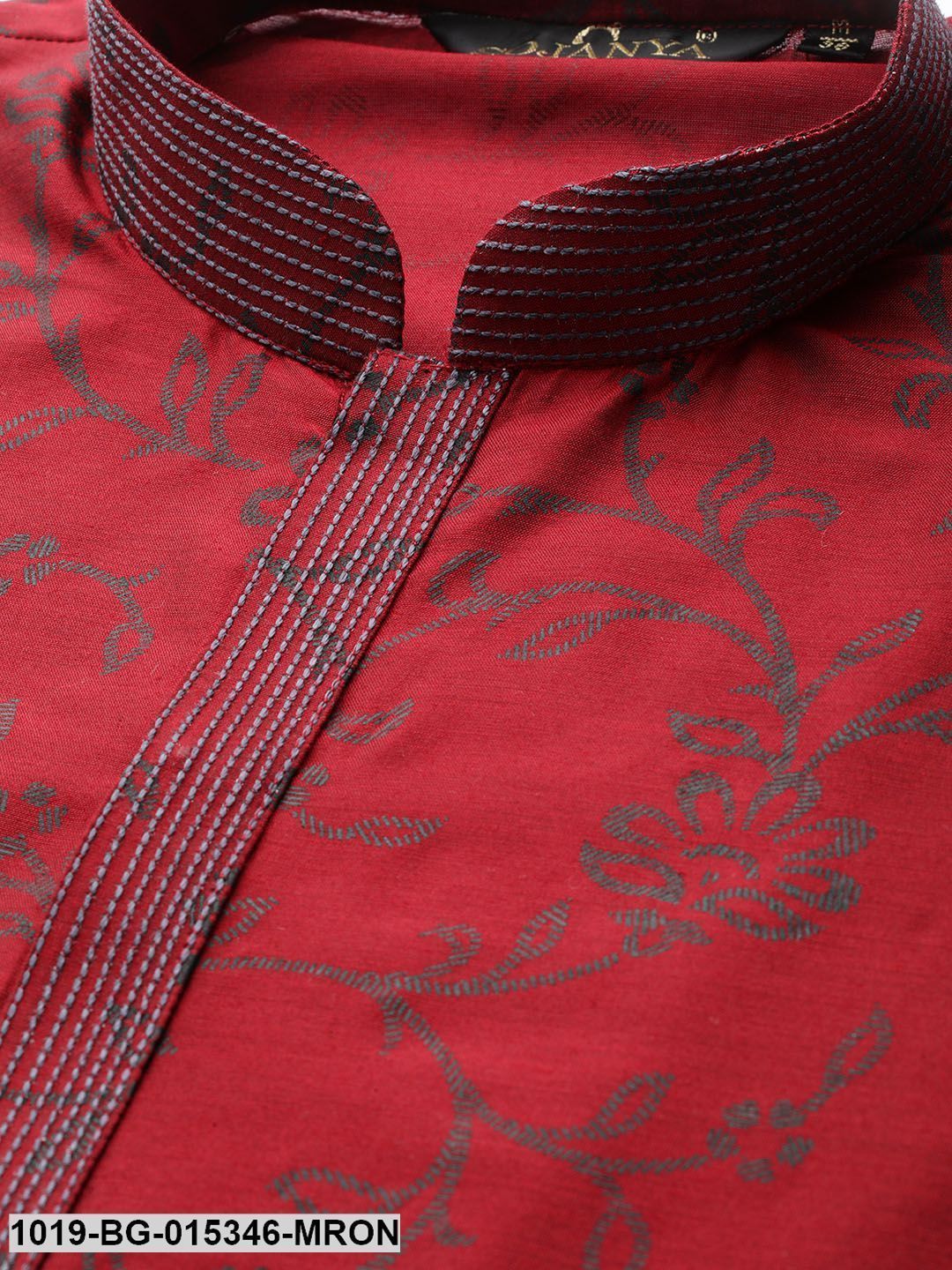 Men's Cotton Silk Maroon Printed Kurta & White Churidar Pyjama Set
