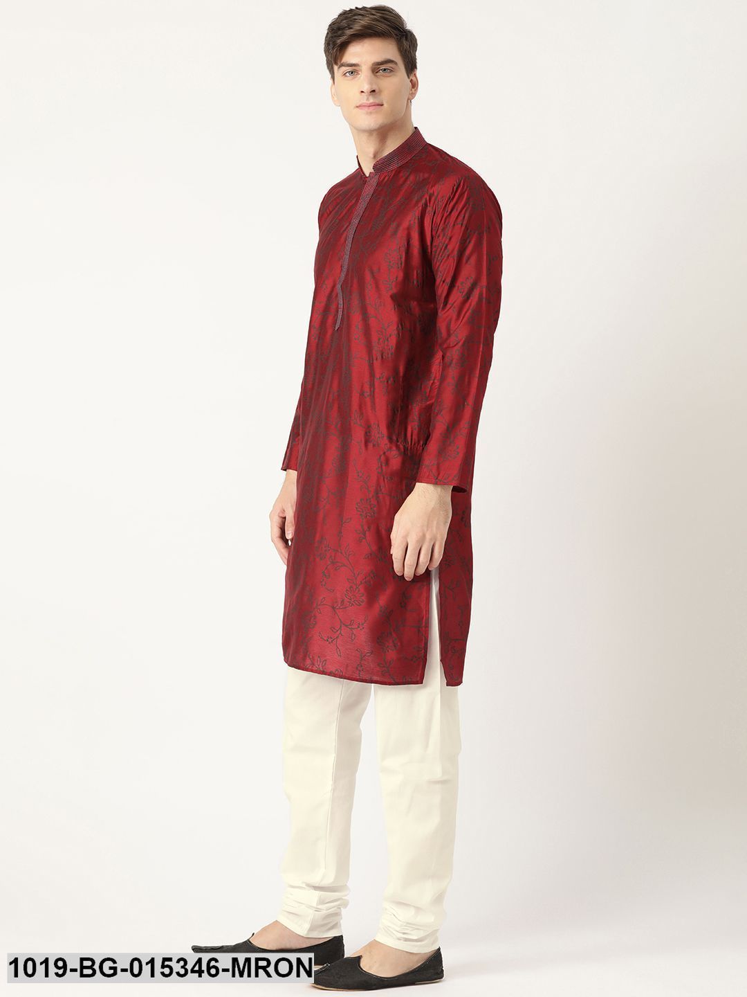 Men's Cotton Silk Maroon Printed Kurta & White Churidar Pyjama Set