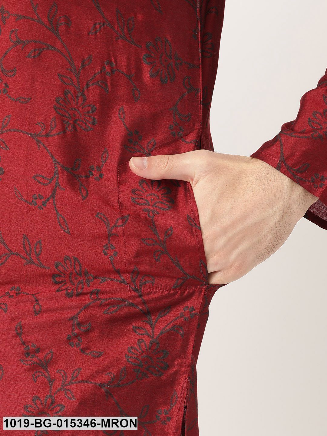Men's Cotton Silk Maroon Printed Kurta & White Churidar Pyjama Set