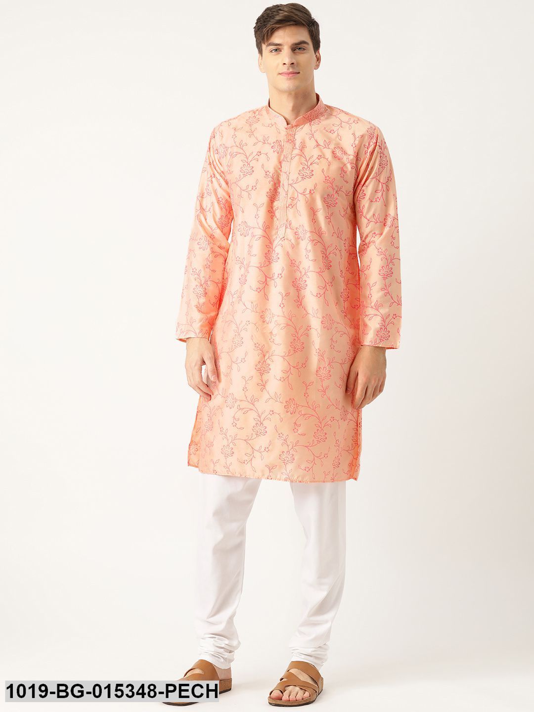 Men's Cotton Silk Peach Printed Kurta & White Churidar Pyjama Set