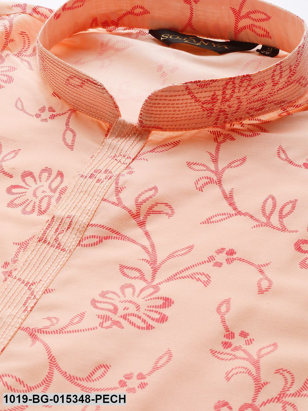 Men's Cotton Silk Peach Printed Kurta & White Churidar Pyjama Set