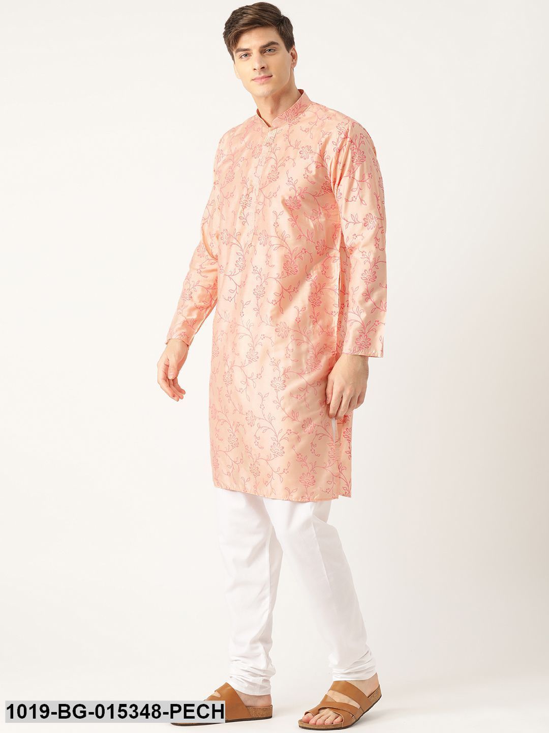 Men's Cotton Silk Peach Printed Kurta & White Churidar Pyjama Set