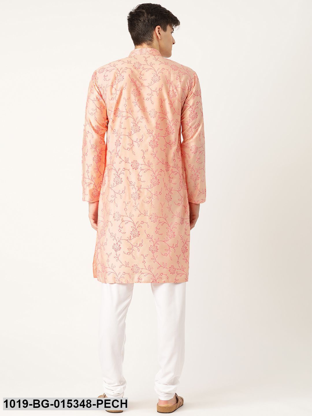 Men's Cotton Silk Peach Printed Kurta & White Churidar Pyjama Set