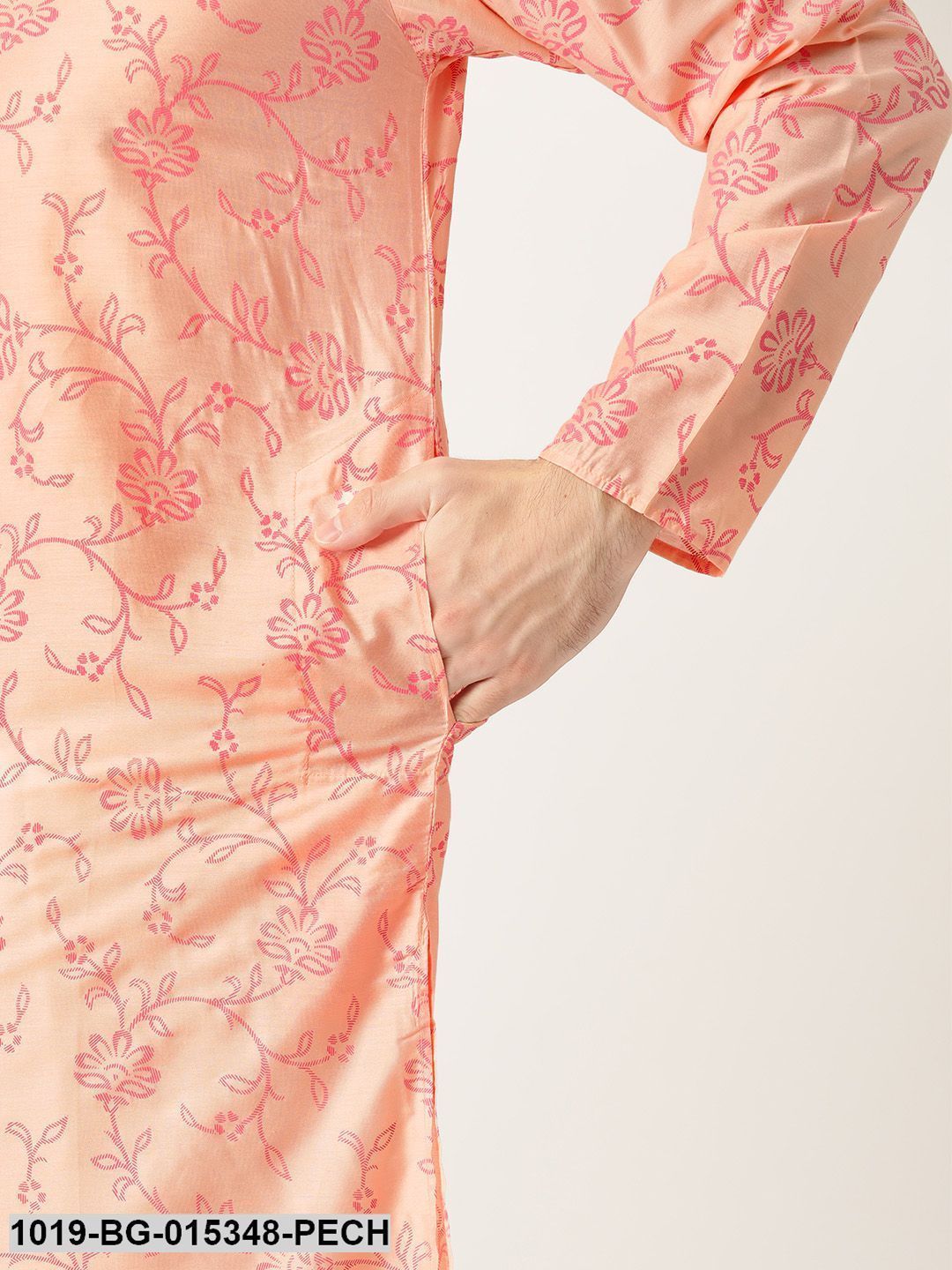Men's Cotton Silk Peach Printed Kurta & White Churidar Pyjama Set