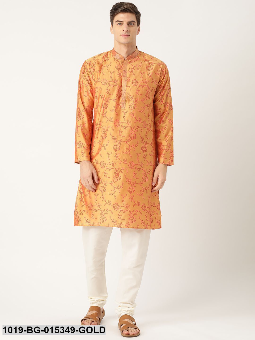 Men's Cotton Silk Gold Printed Kurta & White Churidar Pyjama Set
