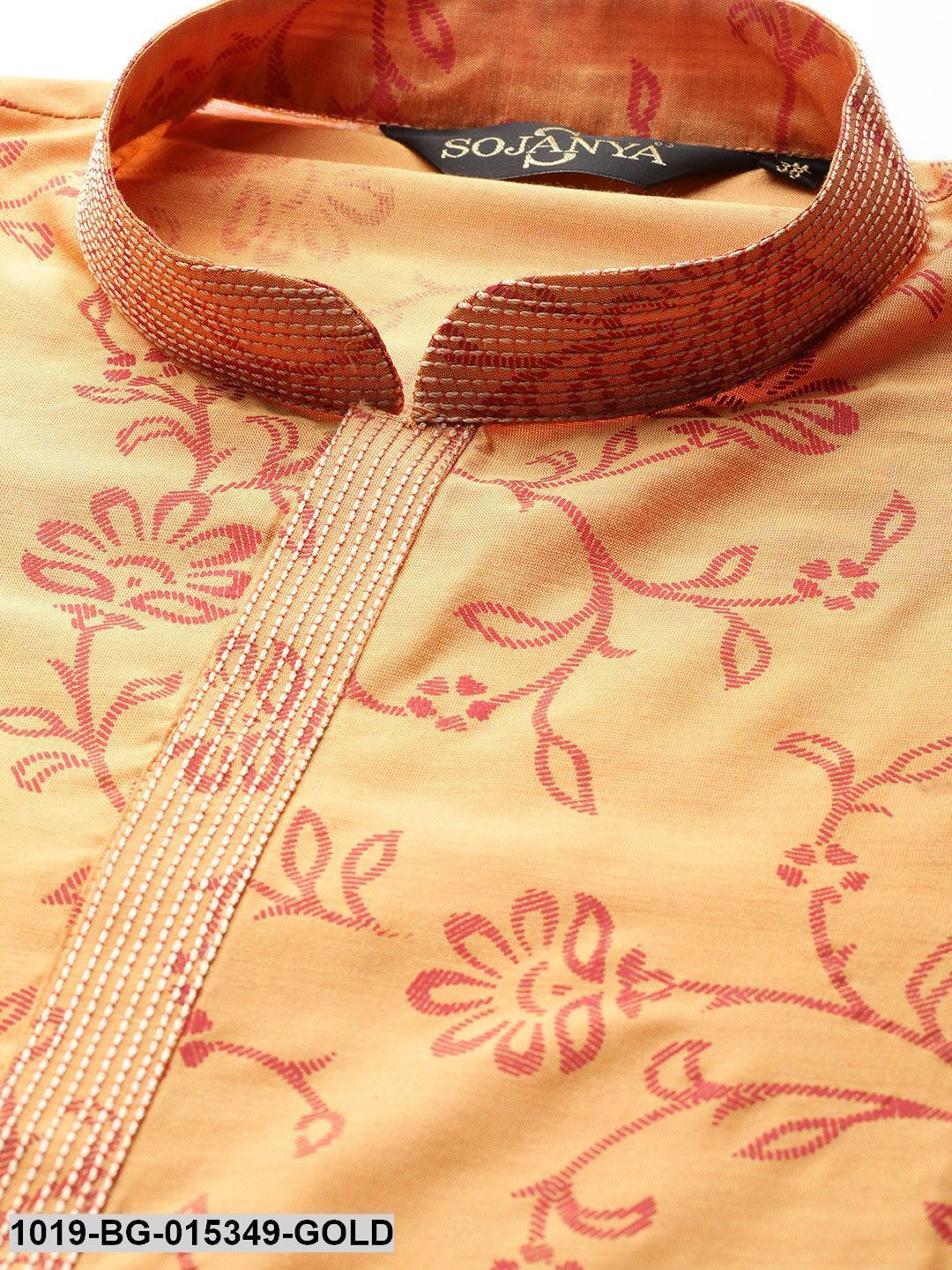 Men's Cotton Silk Gold Printed Kurta & White Churidar Pyjama Set