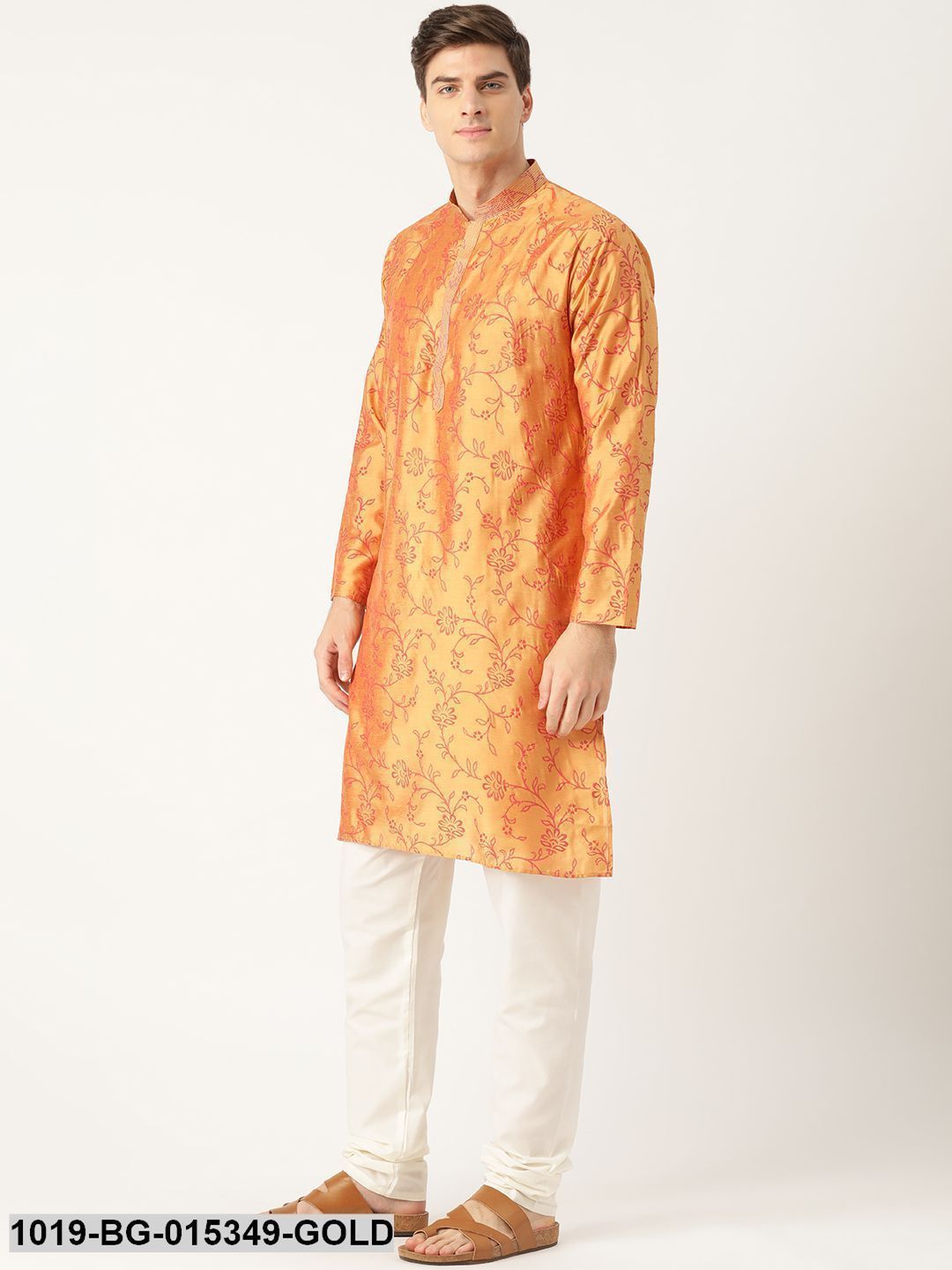 Men's Cotton Silk Gold Printed Kurta & White Churidar Pyjama Set