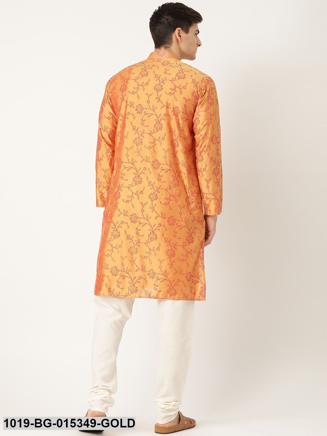 Men's Cotton Silk Gold Printed Kurta & White Churidar Pyjama Set