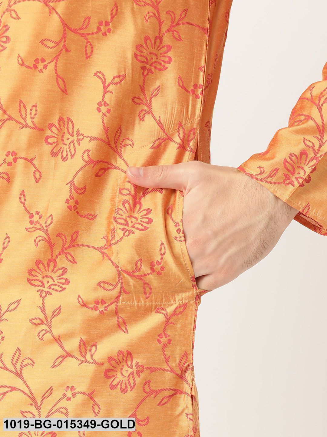Men's Cotton Silk Gold Printed Kurta & White Churidar Pyjama Set