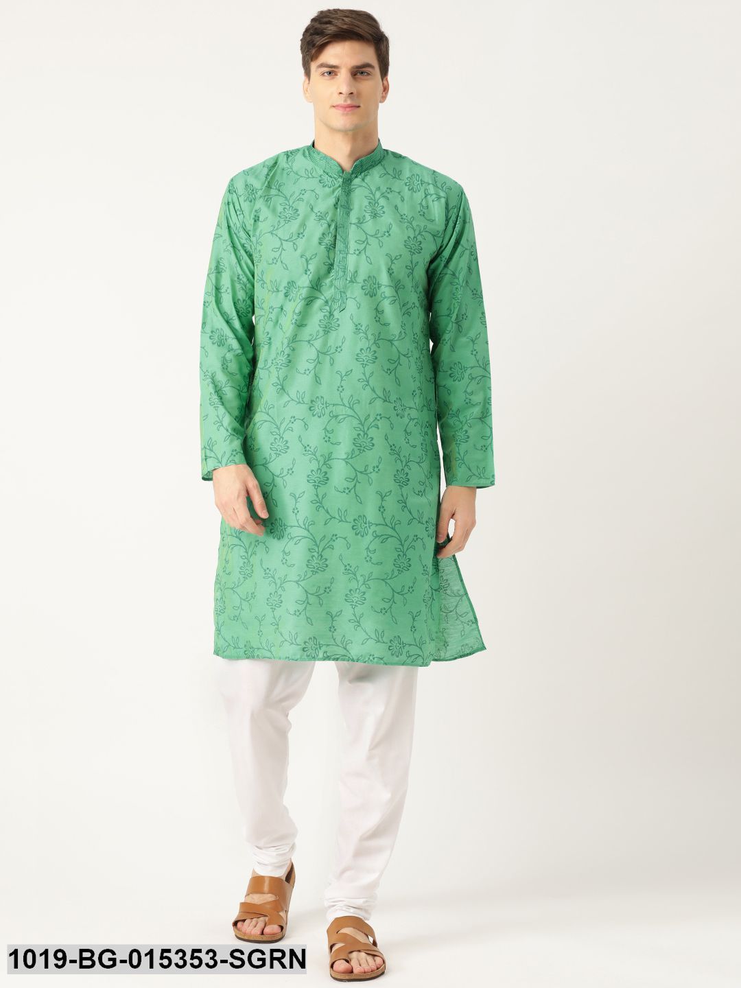 Men's Cotton Silk Sea Green Printed Kurta & White Churidar Pyjama Set