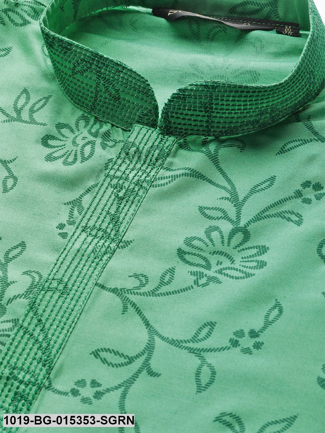 Men's Cotton Silk Sea Green Printed Kurta & White Churidar Pyjama Set