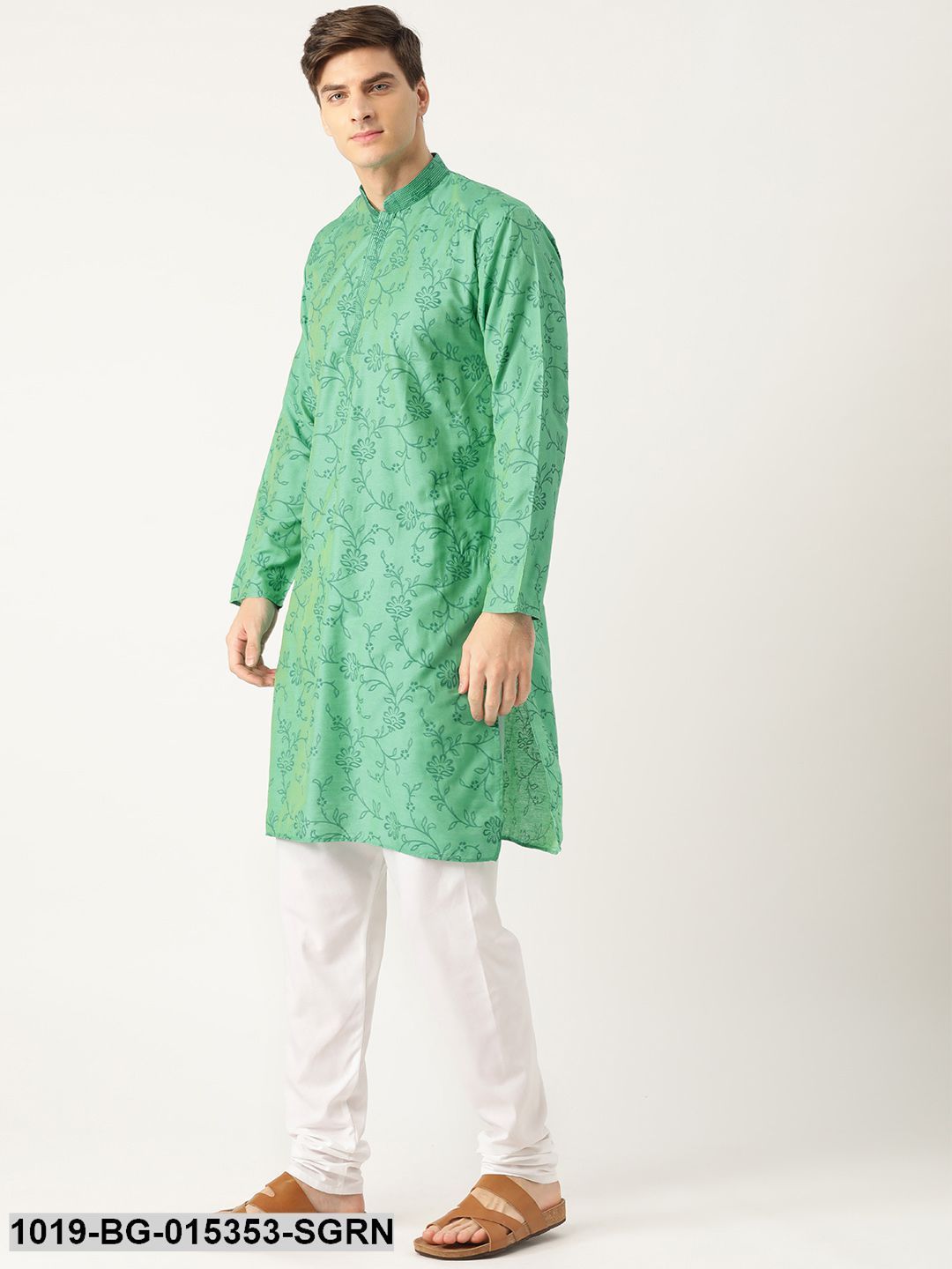 Men's Cotton Silk Sea Green Printed Kurta & White Churidar Pyjama Set