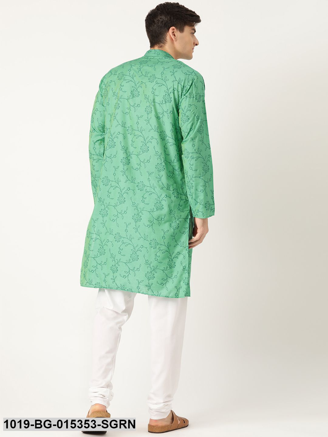 Men's Cotton Silk Sea Green Printed Kurta & White Churidar Pyjama Set