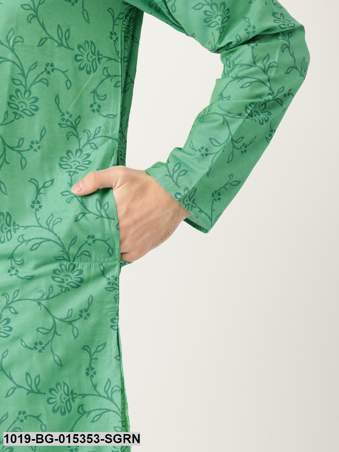 Men's Cotton Silk Sea Green Printed Kurta & White Churidar Pyjama Set