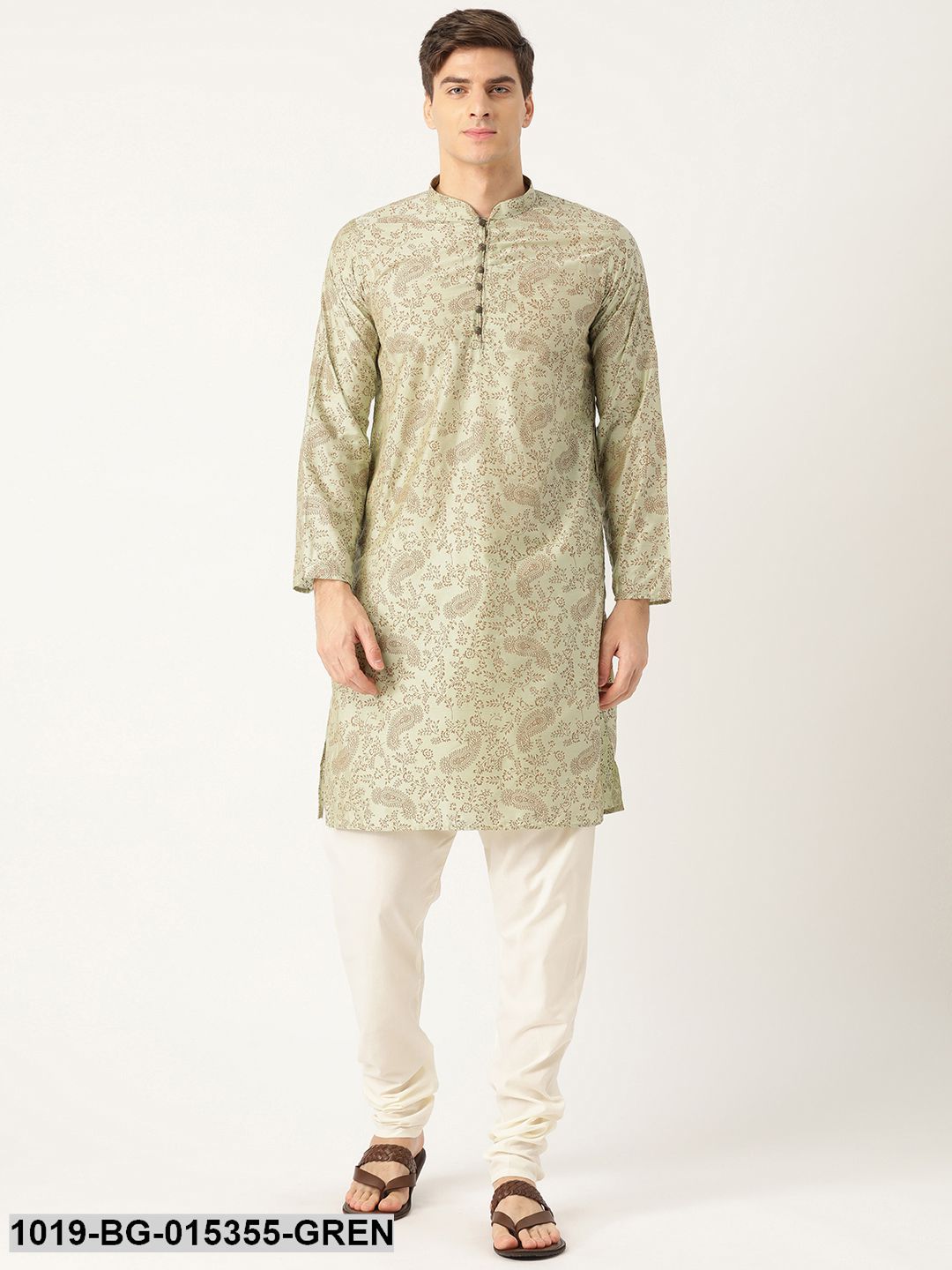Men's Cotton Silk PistaGreen Printed Kurta & Off-white Churidar Pyjama Set