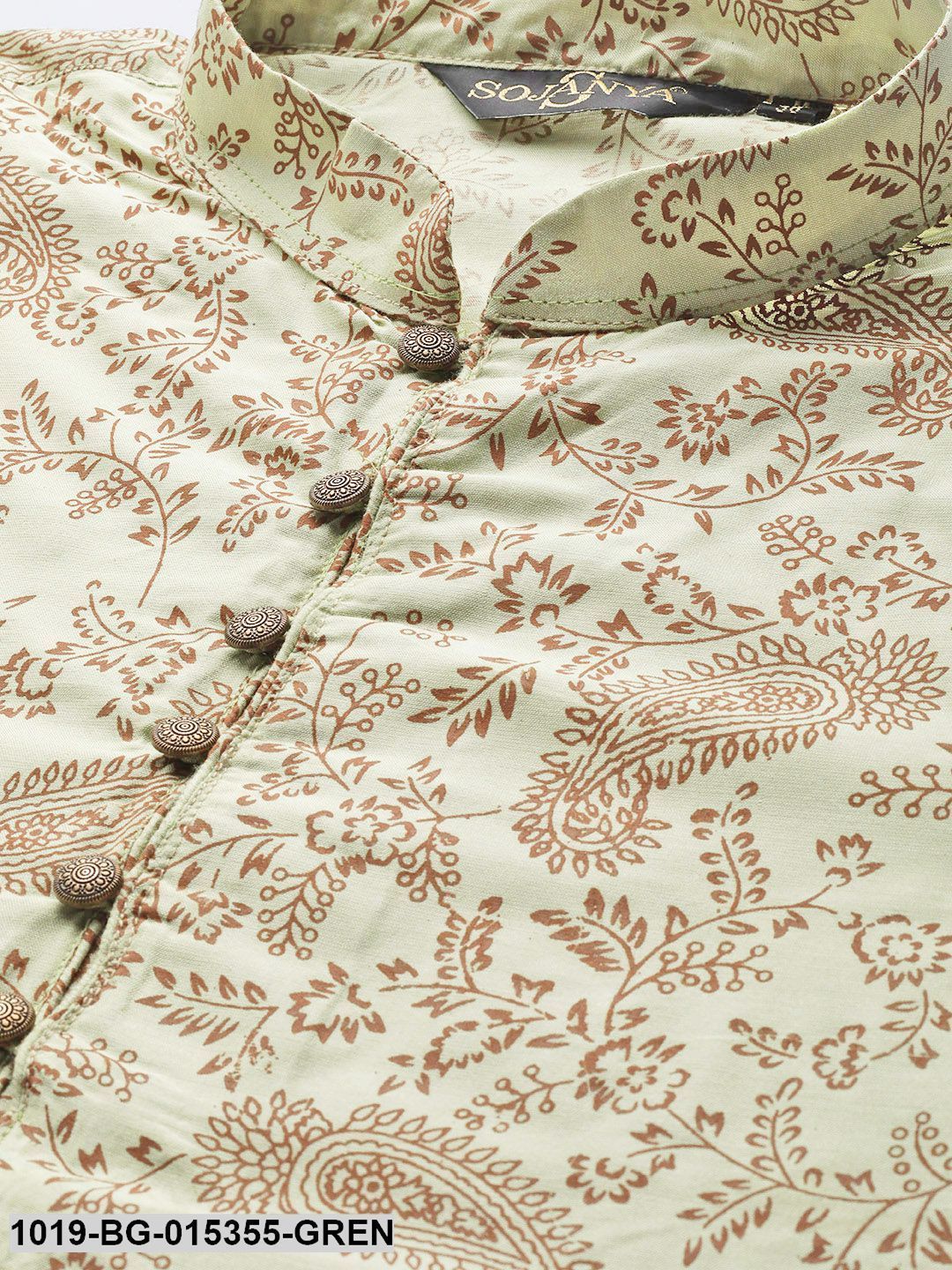 Men's Cotton Silk PistaGreen Printed Kurta & Off-white Churidar Pyjama Set