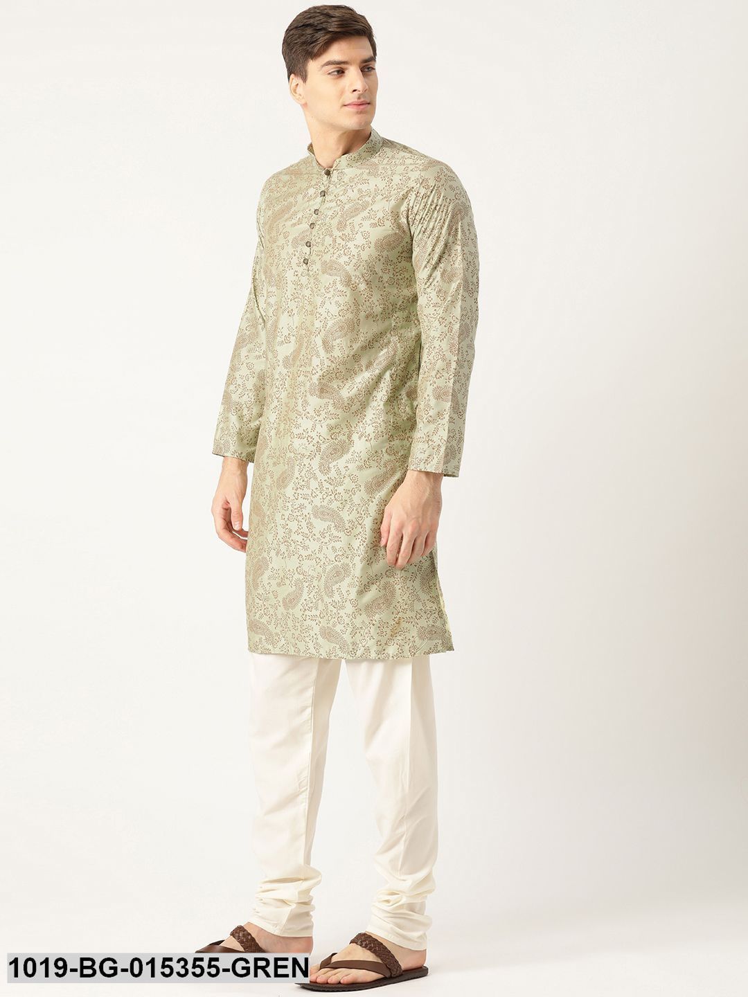 Men's Cotton Silk PistaGreen Printed Kurta & Off-white Churidar Pyjama Set