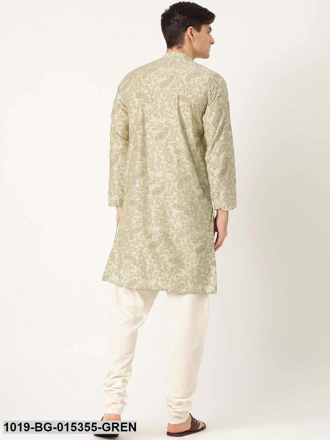 Men's Cotton Silk PistaGreen Printed Kurta & Off-white Churidar Pyjama Set