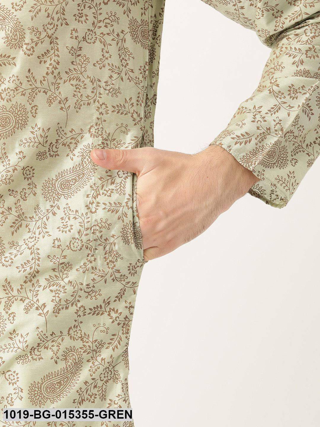 Men's Cotton Silk PistaGreen Printed Kurta & Off-white Churidar Pyjama Set